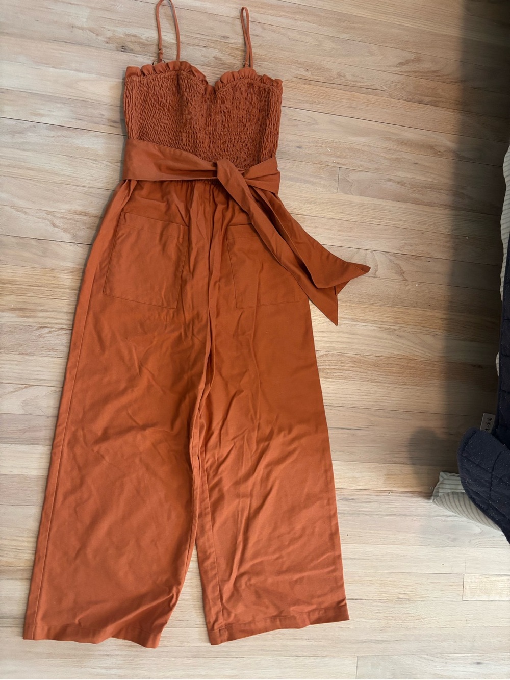 Rust Tie-Waist Smocked Jumpsuit - Women